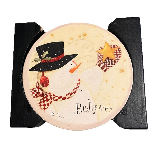 Vintage Holiday Snowman Coaster Set w Holder Just Believe Ceramic Cork Back Y2K - Picture 2 of 6